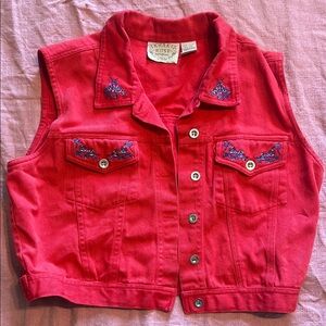 Red Embroidered Denim Vest
